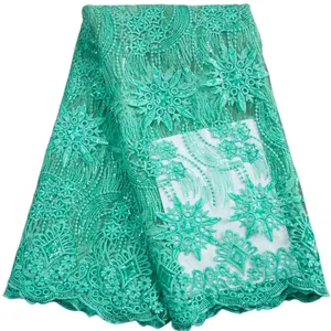 3346绿松石法国网纱蕾丝面料带亮片新设计非洲薄纱网纱蕾丝面料缝制女性舞会礼服