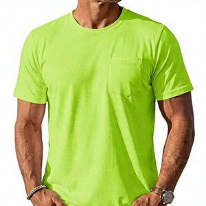 Men's <b>Lime</b> <b>Green</b> Cotton T-<b>Shirt</b> Short Sleeve O-Neck Pocket Casual Jersey Knitted Solid Color Tee - Product Image 1