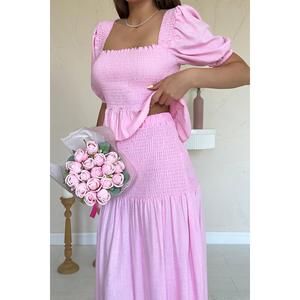 ชุดผ้าลินินสีชมพูขายส่ง ชุดเดรสสองชิ้นแขนสั้นสไตล์ Prairie Chic ระบายอากาศได้ดีสำหรับผู้หญิง - Product Image 2