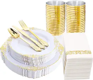 175 buah Set peralatan makan emas plastik 25 tamu-50 piring pelek emas-75 set peralatan makan perak plastik-25 cangkir plastik emas-25 serbet