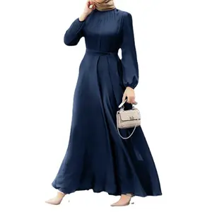 Wholesale Islamic Muslim Turkish Woman Clothing Dubai Abaya Women Muslim Dress Long Sleeve Lace-up Back Buttons High Waist Dress