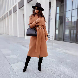 Abrigo de lana de manga larga con cuello en V y cinturón para mujer, talla grande, estilo casual para otoño e invierno, ideal para el trabajo u oficina, disponible para Dropshipping en Shopify - Product Image 3