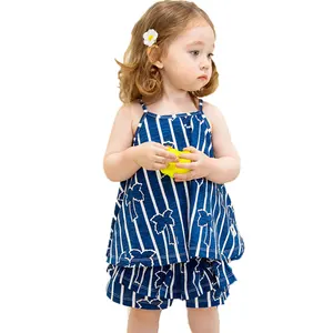 OEM cotton fashion style woven baby clothes blue color strap crop tops and shorts 2pc summer toddler girl clothing sets