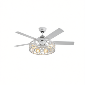 Ventilateur de plafond blanc en fer 52 pouces 6 pales avec 4 ampoules LED design en cage télécommandé pour usage domestique - Product Image 1