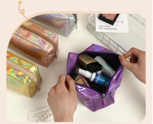 Borsa cosmetica di alta qualità con Logo personalizzato olografico argento viola eco-friendly impermeabile con cerniera in Denim Mesh oro rosa - Product Image 2