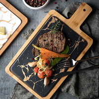 Plateau de service écologique en marbre et bambou pour dîner, idéal pour steak, pizza, pain, fromage, dessert, sushi, avec assiettes de présentation pour restaurant