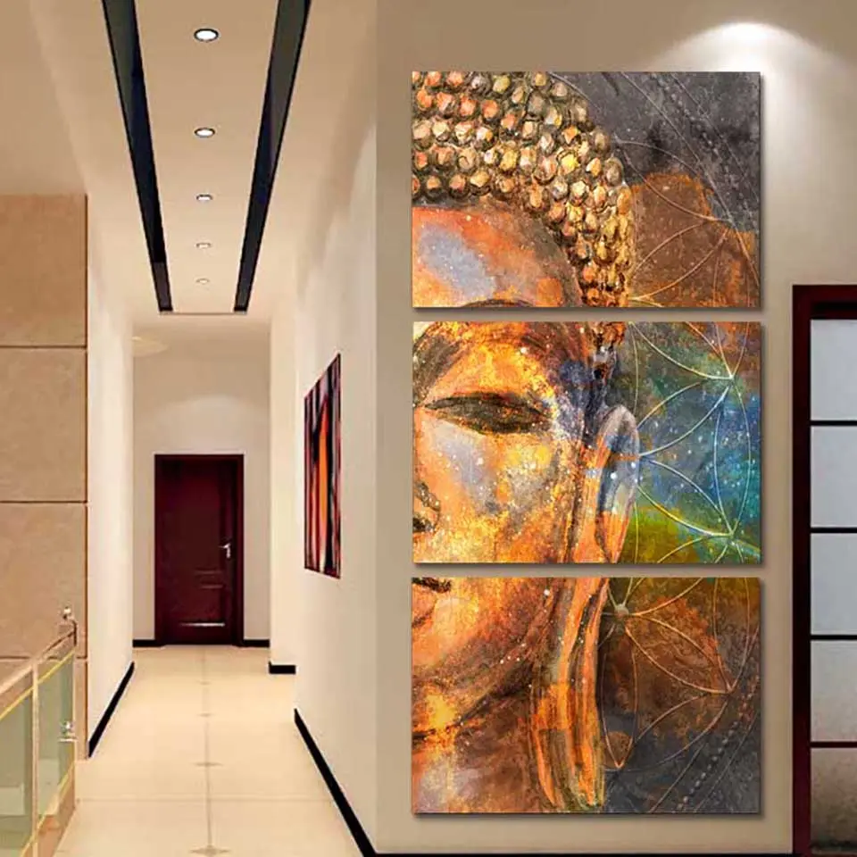 Modern Living Room Decorative Modular Picture Fashion Artwork 3 Panel Golden Buddha Poster abstract panel canvas wall art