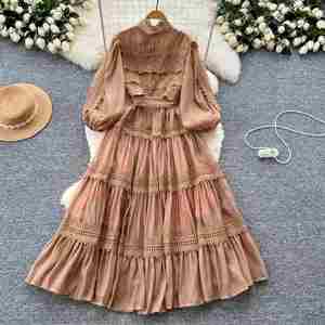 Vestido Midi Casual de Verano con Cuello Mao y Corte A para Mujer, Estilo Túnica Vintage con Retazos, Encaje Hueco y Diseño Digital Ecológico Transpirable - Product Image 4
