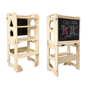 Tour d'apprentissage traditionnelle en bois naturel réglable pour tout-petits, tabouret pliable pour enfants avec tableau noir et bureau d'activités - Product Image 3