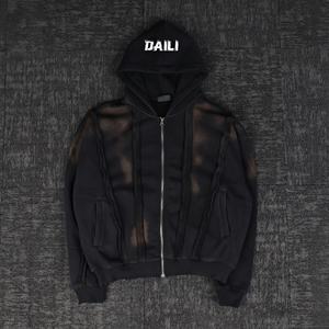 Sweat à capuche pour homme avec logo personnalisé en gros, coupe vintage, lavage à l'acide, coton lourd, fermeture éclair, sweat à capuche pour homme - Product Image 1