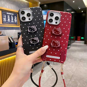 Cartoon Polka Dot cho iPhone 16 trường hợp điện thoại với Dễ Thương Vải Thiều mô hình chống thả bảo vệ dây đeo cổ tay bìa - Product Image 1
