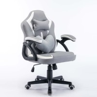 Siège d'ordinateur ergonomique personnalisé pivotant à dossier moyen en cuir gris, chaise de jeu OEM avec coussin en forme de cœur