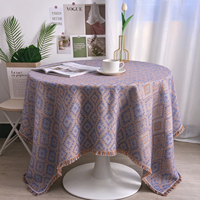 Nappe de table géométrique en jacquard diamanté vintage, nappe ronde tissée douce avec bordure à franges