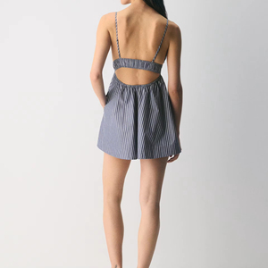 casual skirt Blue & White Vertical Striped <b>Spaghetti</b> <b>Strap</b> V-Neck Ruched Waist Flared Babydoll Mini Summer Dress Beach Wear - Product Image 6