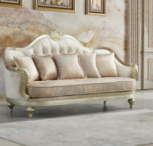 Canapé Chesterfield victorien trois places, dossier capitonné, accoudoirs incurvés, revêtement en tissu, pieds en bois, meubles de salon - Product Image 1