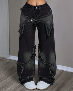 Jean large taille haute personnalisé à franges étoilées, style streetwear, en denim délavé vintage pour <span class=keywords><strong>femme</strong></span> - Product Image 3