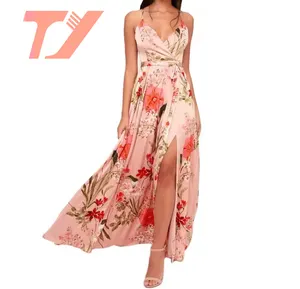 TUOYI Factory Customized Spaghetti Strap Ladies Summer Dress Blush Pink Print Satin Long Dress Slit Belt Women Gentle Clothing