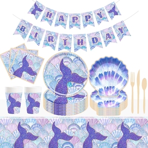 Juego de Vajilla Desechable DAMAI para Fiesta de Cumpleaños, Diseño de Sirena Azul y Morado, Platos, Vasos y Servilletas de Papel - Product Image 1