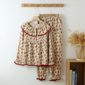 Ensemble pantalon et haut en crêpe de coton pur pour femme, <span class=keywords><strong>double</strong></span> <span class=keywords><strong>gaze</strong></span> fine, doux et <span class=keywords><strong>lisse</strong></span>, style rétro, col rond, manches longues, printemps-automne - Product Image 4