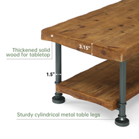 Mesa de Centro Retangular de 47 Polegadas Estilo Fazenda em Madeira Maciça com 2 Níveis, Prateleira com Borda Natural e Pernas de Metal para Sala de Estar