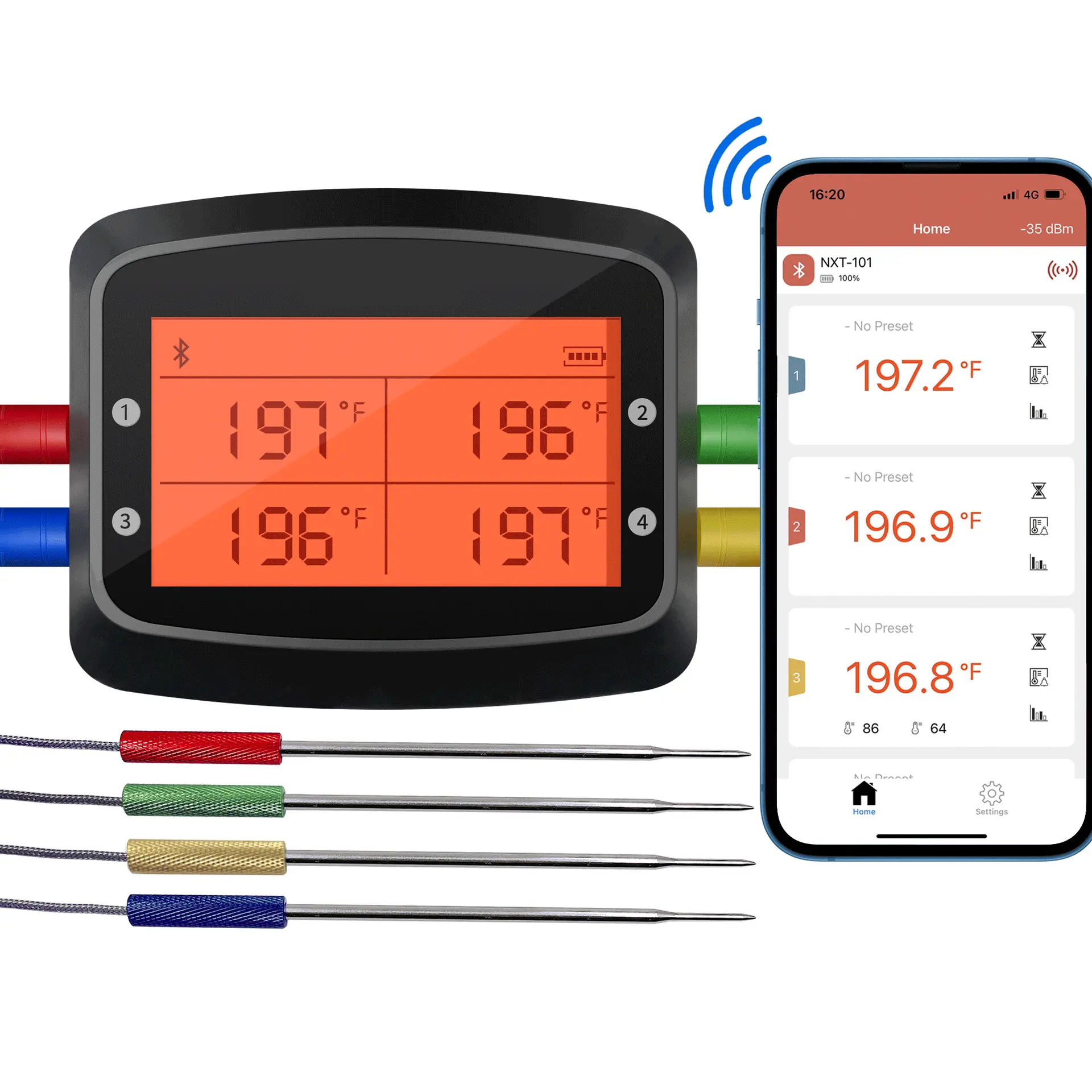 Vente en gros Thermomètre de barbecue numérique OEM intelligent avec rétroéclairage LCD Thermomètre à viande sans fil Bluetooth à 4 sondes pour four de fumoir