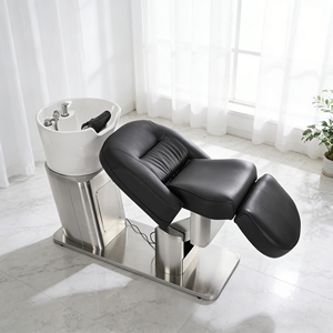 Fauteuil de lavage de cheveux en acier inoxydable - Capacité de charge 200 kg, lavabo en céramique, chaise de massage pour salon/hôtel - Product Image 1