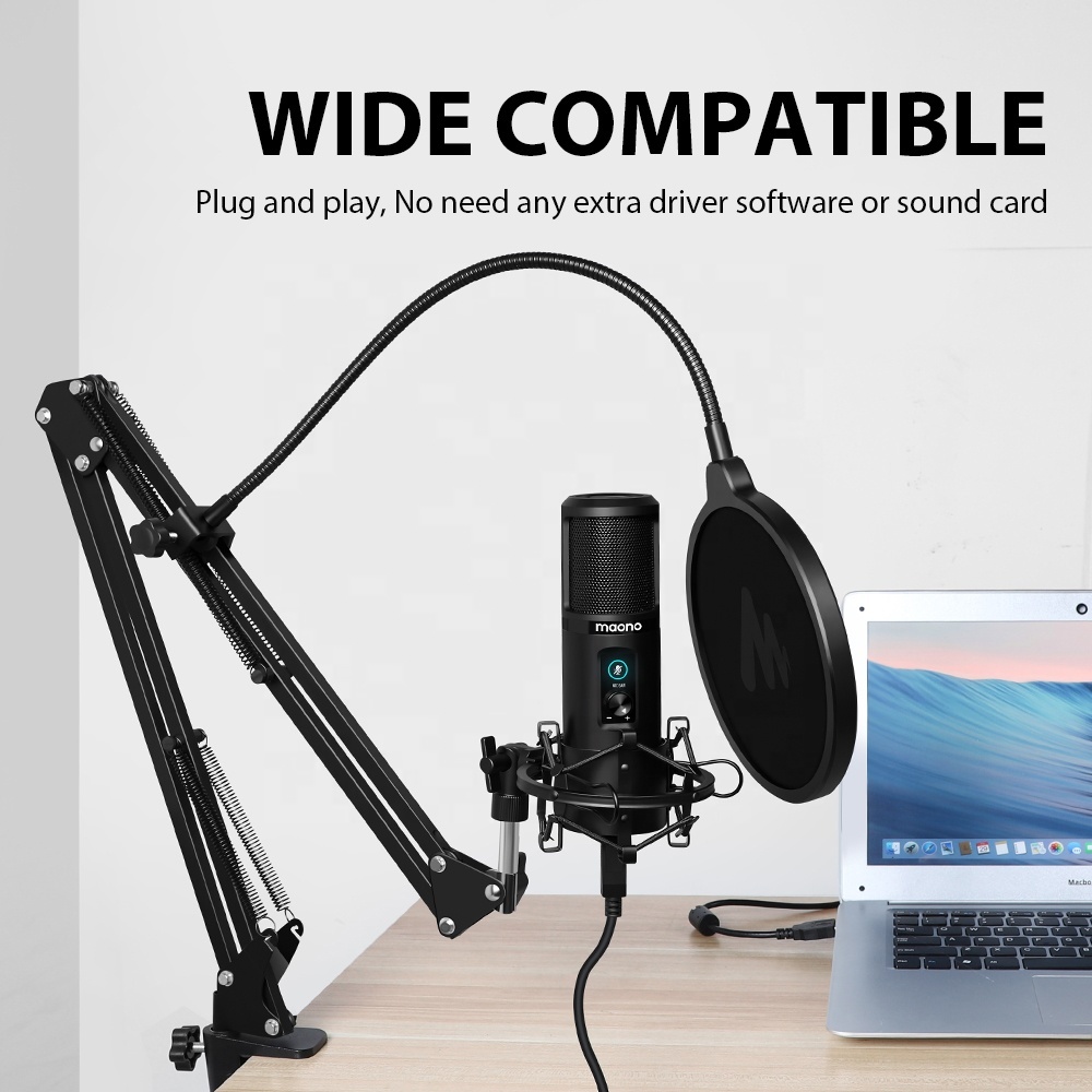 MAONO Professionnel USB Micro Studio Micro avec Micro Bouton de Gain et Un Touche Sourdine