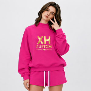 Conjunto de Sudadera de Cuello Alto de Felpa Rosa para Mujer, Marca XH, Corte Holgado, Informal, para Todas las Temporadas, Conjunto de Dos Piezas con Pantalones Cortos - Product Image 1