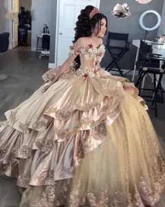 Mumuleo abiti Quinceanera raso Champagne maniche corte Applique paillettes dolce 16 abito da sera arco Vestidos De 15 abito da ballo