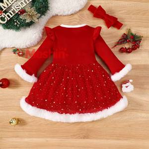 Pull classique MS à manches longues, robes de fête rouges pour filles, robe en tulle polaire de Noël - Product Image 1
