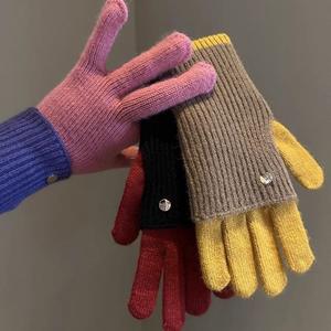 Gants d'hiver à doigts exposés, à écran tactile, en tricot, design color block, pour étudiants, cyclisme, longs - Product Image 2