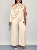 Ensemble long décontracté d'été pour femme en satin uni, coupe ample, 2 pièces, avec haut à manches courtes à col diagonal et pantalon (Polyester)