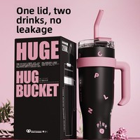 Nouvelle tasse isotherme noire et rose pour thé glacé, en acier inoxydable 304, grande capacité, avec poignée et paille, 40 oz, pour voiture