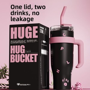 Nouvelle tasse <span class=keywords><strong>isotherme</strong></span> noire et rose pour thé glacé, en acier inoxydable 304, grande capacité, avec poignée et paille, 40 oz, pour voiture - Product Image 1