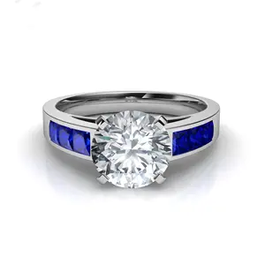 Custom Jewelry 925 Sterling Silver Round CZ Channel Set Blue Sapphire Side Stones Brilliant Engagement Ring