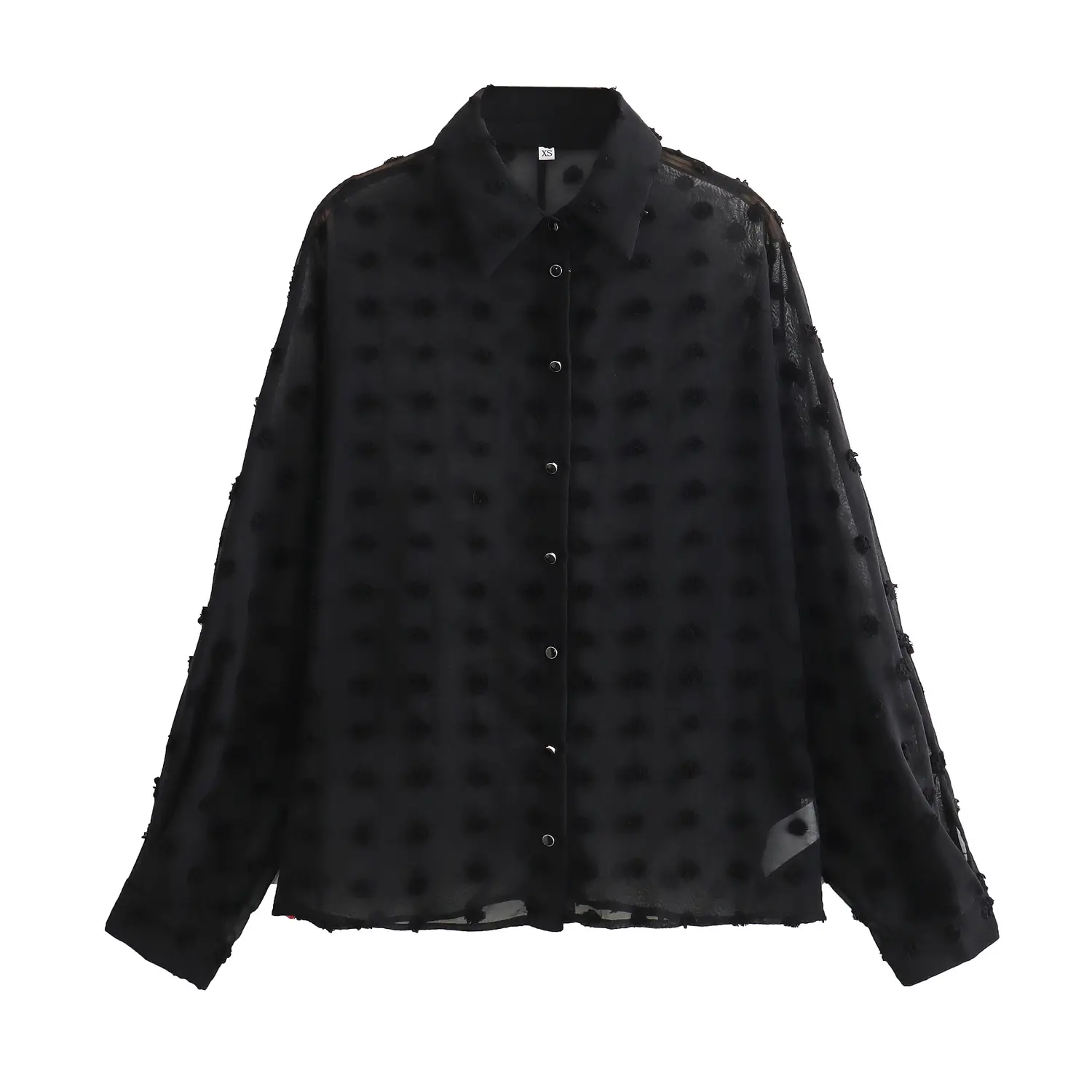 Kaopu Za Vrouwen Semi-Doorschijnende Verhoogde Polka Dot Shirt Vintage Revers-Hals Met Lange Mouwen Vrouwelijke Blouses Chique Top