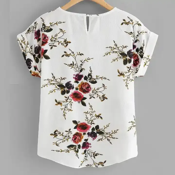 Zomer Mode Bloemenprint Blouse Pullover Dames O-hals T-Shirt Dames Dames Korte Mouwen