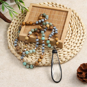 Женское ожерелье с натуральными камнями: пикоидный яшм, амазонит, африканская бирюза, длинный кулон-подвеска из хрустального стекла в форме капли - Product Image 4