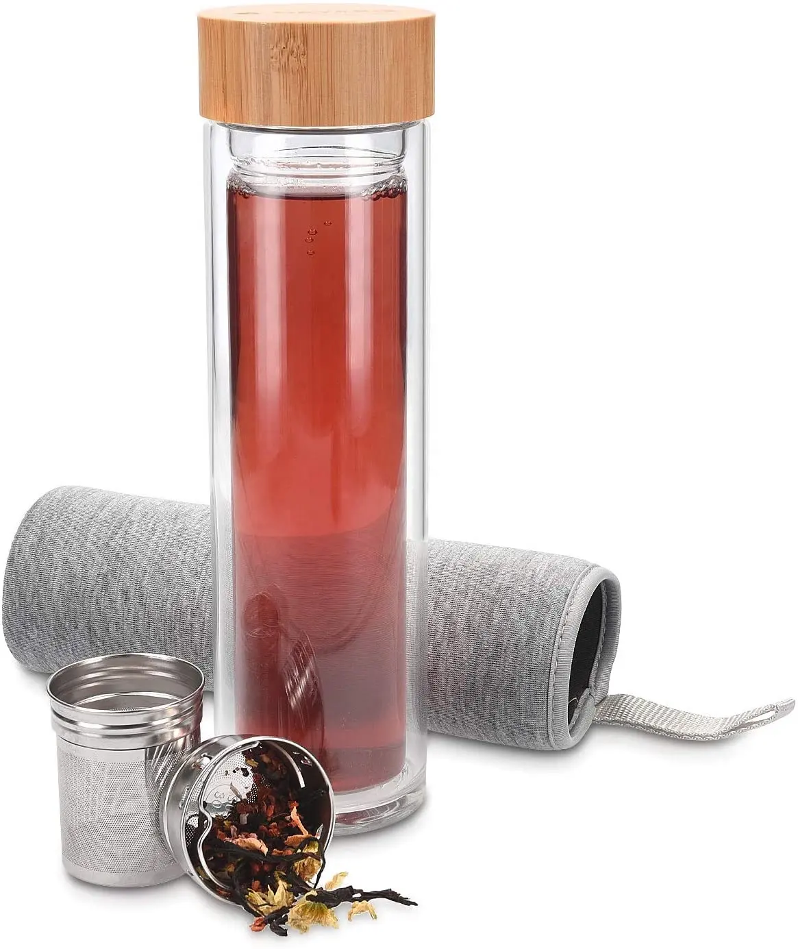 Botella de té de vidrio con colador Tetera de 400 ml para llevar con tapa de bambú-Vaso de té de vidrio de borosilicato de doble pared
