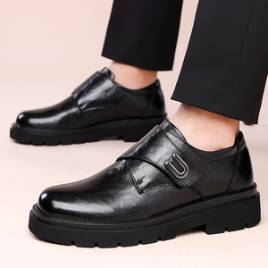 Zapatos Oxford de Cuero para Hombre, Punta Redonda, Cierre de Velcro, Zapatos de Vestir para Boda, Antideslizantes, Suela de Goma de Color Sólido - Product Image 4