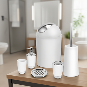 Ensemble d'accessoires de salle de bain blancs modernes 6 pièces : distributeur de savon, porte-brosse à dents, poubelle avec brosse et porte-savon - Product Image 2