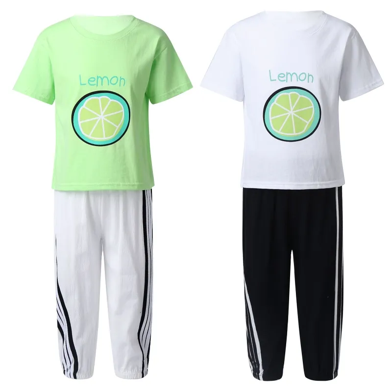 In Stock Kids Girls Short Sleeve Lemon Print T-shirt With Side Stripes Pants Summer Casual Sports Suit