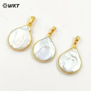 WT-JP124 de perlas de agua dulce con forma de lágrima, colgante de perla blanca Natural con bisel dorado, joyería de moda para mujer