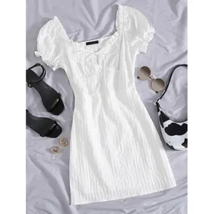 High Quality Cotton Tied Puff Sleeve Dress E Commerce Supplier Wholesale Custom Women Elegant Casual Dresses