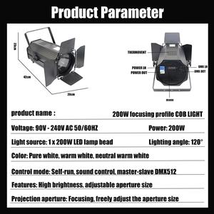 Foco Fresnel LED COB de 200W con Zoom DMX, Luz Blanca Cálida/Fría para Escenario y Cine, Certificado CE ROHS para Bodas y Fiestas - Product Image 5