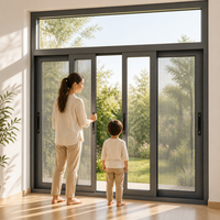 Fenêtres coulissantes en aluminium gris foncé sur mesure avec panneau supérieur fixe composite et moustiquaire, à haute efficacité énergétique