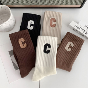 Women Mid Calf Socks Solid Color Cotton C Letter Design Breathable Quick Drying Antibacterial Sweat Wicking Casual Wear - Product Image 1