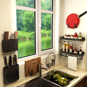 Wall Mounted Kitchen Storage Rack Rectangle Multifunctional Shelving For Seasoning Knife Holder Minimalist Style - Product Image 4