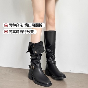 Foldable Cuff Western <strong>Boots</strong> Women <strong>Slouch</strong> Stacked Chunky Heel Mid Calf Rider Factory Wholesale - Product Image 3