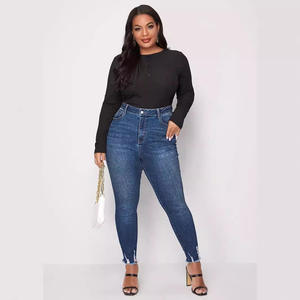 Pantalones vaqueros ajustados azules de talla grande para <span class=keywords><strong>mujer</strong></span>, mallas de lápiz elásticas de cintura alta, estilo Mom Fit, mezclilla ajustada con dobladillo deshilachado para invierno - Product Image 5